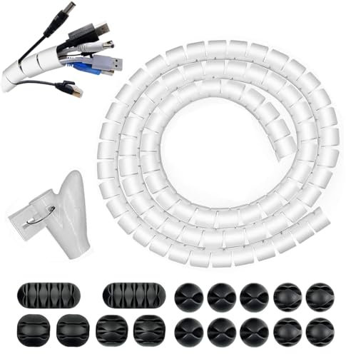 Kabelschlauch Weiß [4m Länge, Ø22mm] - Flexibler Selbstschließend Kabelkanal mit 16* Silikon Kabelhalter + 1*Drahtführungsclip Kabelschutzschlauch für Büro, Computer/TV Kabelmanagement