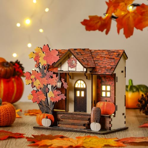 GlikCeil Wooden Lighted Thanksgiving Village House Tabletop Decoration Handcrafted Wood Autumn Harvest Sign Battery Operated Village House Block Indoor Fireplace Kitchen Tabletop for Fall Home Decor