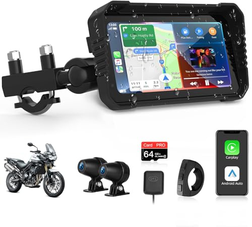 2026 4K Motorcycle CarPlay w 4K Dash Cam 6.25 '' CarPlay Motorcycle Screen/Android Auto for Moto GPS Navigation Remote Control Light Sensor Voice Control IP67 Waterproof TF-64G