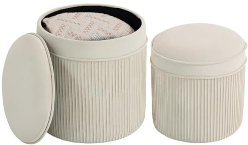 HOMCOM Sitzhocker mit Stauraum 2er Set, Rund, 36 x 36 x 41,5 cm Cremeweiß | Hocker mit Deckel, Fußhocker, Polsterhocker mit Samtoptik, Ottomane