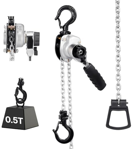 VEVOR Manual Lever Chain Hoist, 1/2T 500KG Capacity Heavy Duty Come Along, 3M Lift G80 Alloy Steel Chain With Dual Pawl Mechanical Brake, 360° Rotating Hooks, for Warehouse Construction Garage