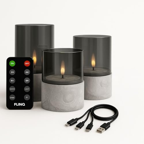 FLINQ Wiederaufladbare LED Kerzen mit Bewegender Flamme – 3er Set im Stone Look mit Fernbedienung, Timer & Dimmfunktion – Echtwachs Optik, Flackernde Flamme
