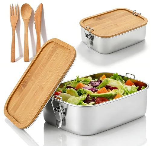 Fiambrera de acero inoxidable, fiambrera Bento para adultos y niños, fiambrera a prueba de fugas con tapa de madera, sin BPA y sin plástico, fiambrera con vajilla para la escuela, el trabajo, la