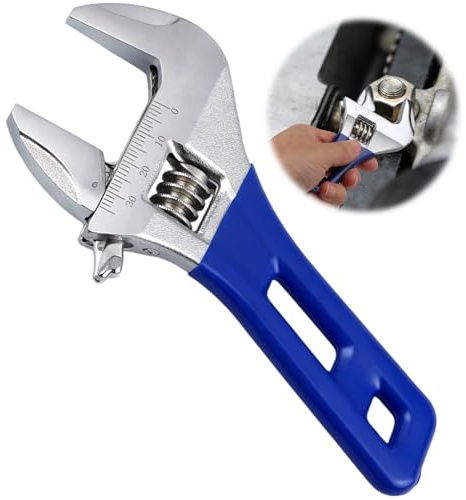 6 Inch Wide Opening Stubby Short Handle Adjustable Spanner Wrench with 1.34”(34mm) Wide Jaw Opening for Plumbing Auto Repair Home Maintenance Easy Access to Tight Spaces Metric/SAE Scales Metal Blue