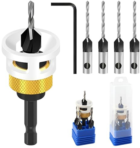 Dzmuero Brocas Madera Juego de 6, Fresas Avellanadoras para Madera con Tope de Profundidad, Fresas Avellanadoras con Vástago Hexagonal de 1/4, Perforaciones Precisas