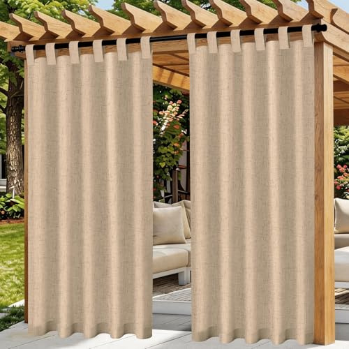 Outdoor Vorhang Wetterfest, 2er Set Stück Leinenvorhänge, Outdoor Vorhänge Wasserdicht mit Ösen, Sonnenschutz Sichtschutz outdoorvorhänge für GardinenTerrasse Balkon Pavillon Pergola(132x215cm, Khaki)