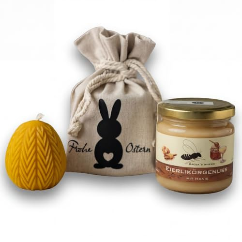 Gregas Imkerei Oster-Honig-Geschenkset – Ostersäckchen mit Hase, 250 g Glas deiner Wahl und Osterstern Bienenwachskerze – perfektes Mitbringsel & Geschenk für Ostern. (Eierlikörgenuss mit Honig 250g)
