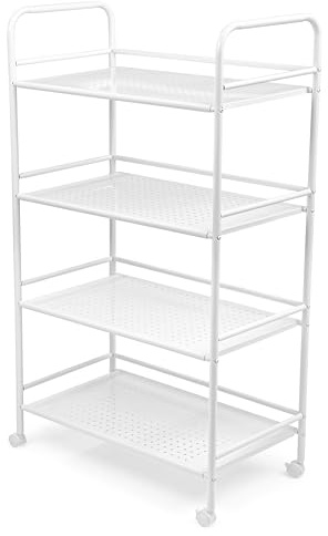 Crystals 3/4 Tier Slim Storage Trolley Cart – Mobile Kitchen Rack with Rolling Wheels, Space Saving Food Organizer Shelf for Kitchen, Bathroom, Utility Room & Office_White (4 Tier Trolley)