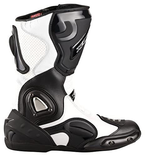 XLS Botas de motociclismo de piel auténtica para hombre, color negro y blanco, impermeables, incluye protección para el tobillo (43)