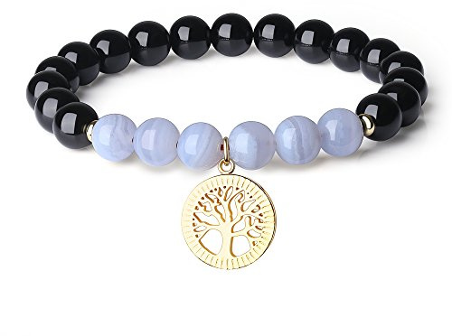 COAI Albero della Vita Bracciale Unisex Bilanciamento Reiki con Perle in Tormalina Nera e Agata Azzurra Venata con Medaglietta Amuleto Albero della Vita, Bracciale Elastico in Pietre Benefiche
