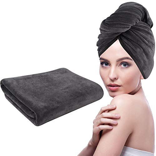KinHwa Mikrofaser Großes Handtuch für die Haare schnelltrocknend XXL Haarturban super saugfähig und weich für die Lange Haare Kopfhandtuch kein Reißen und Zerren an Haaren 61cm x 112cm 1 Pack Grau