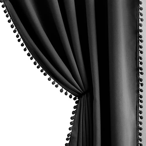 Black Blackout Curtains for Living Room 72 Inch Pencil Pleat Tape Top Pom-Pom Bedroom Curtains Triple Weave Thermal Insulated Noise Reducing Windows Drapes for Nursery Room Studio Hotel 50 wide 2pcs
