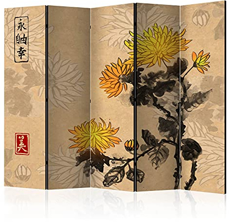 murando - Paravent Raumteiler japanische Blumen, 225x172 cm, 5-teilig, Büro | Mobiler Sichtschutz, sofort einsatzbereit, Holzrahmen, ideal fürs Wohnzimmer oder Büro, geruchsneutral, lichtbeständig