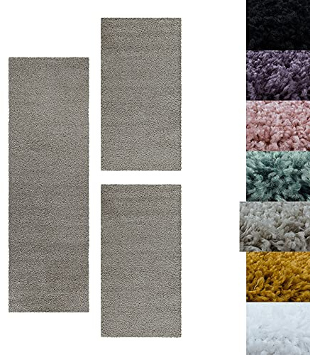 SIMPEX Bettumrandung Schlafzimmer 3teilig Shaggy Hochflor Teppich Natur Bettset: 2 mal 80x150 + 1 mal 80x250 - Schlafzimmer Teppich 3 Teilig Läufer Extra Weich Flauschig Bettvorleger Läuferset Halı