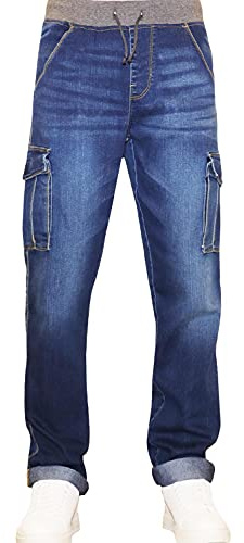 JEANBASE New Boys Kids Combat Cargo Stretch Denim Elasticated Ribbed Waist Jogger Pull On Jeans Pants Midwash 15-16 Years