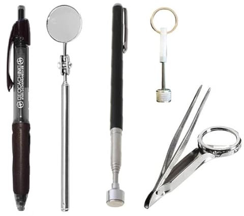5 TLG. Geocaching Anfänger Tool Spiegel, Telskop Magnet Aufroller Pinzette Lupe