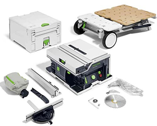 Festool Akku-Tischkreissäge CSC SYS 50 EBI-Basic-Set (mit Kreissägeblatt, Parallelanschlag, Schiebestock, Winkel-Rastanschlag, Spänefangsack, Spaltkeil, Innensechskantschlüssel, Untergestell)