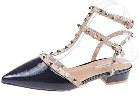 COOKOE Damen Schuhe mit Nieten, niedriger Absatz, quadratischer Absatz, spitze Zehenpartie, Schuhe, Sandalen, transparent