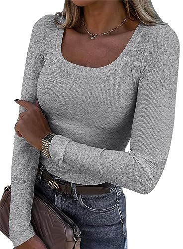 Roselux Womens Long Sleeve Scoop Neck Ribbed Knit Fitted Casual Tops Tee Slim Basic Shirts(3924,Grey-M)