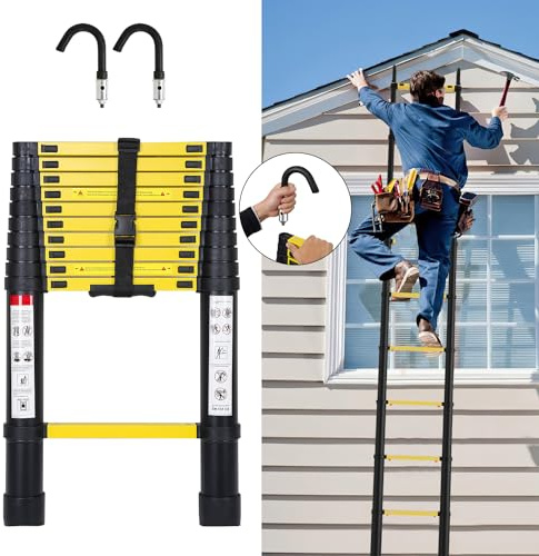 Eulenke 3,2M Teleskopleiter, Rutschfester Aluminium Multifunktionsleiter mit 2 Haken, Ausziehleiter 150 kg Belastbarkeit, Aluleiter Haushaltsleiter für Heim Werken, Ausziehbare Leiter, Schwarz Gelb
