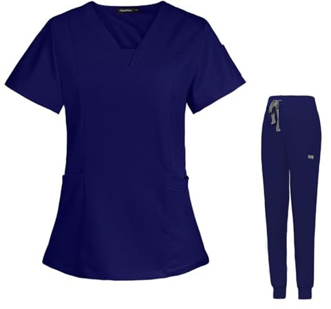 Meichoon Ensemble de Scrubs pour Femmes - Vêtements Médicaux - Haut avec Col en V Doux et 3 Poches - Pantalon de Yoga Extensible et Jogging - Absorption de la Transpiration - Léger DK08, bleu, M