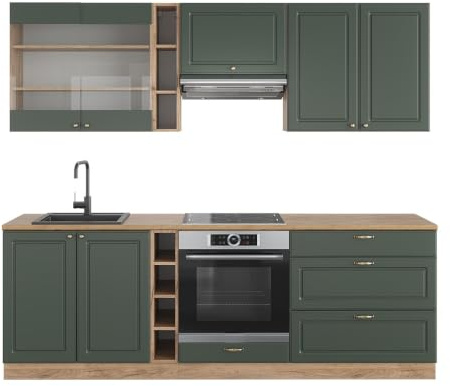 Vicco Küchenzeile Fame-Line, Grün-Gold Landhaus/Goldkraft Eiche, 235 cm | 9 Module · Höhenverstellbare Füße · AP Eiche inkl. · MDF-Fronten · Softclose · Metallgriffe
