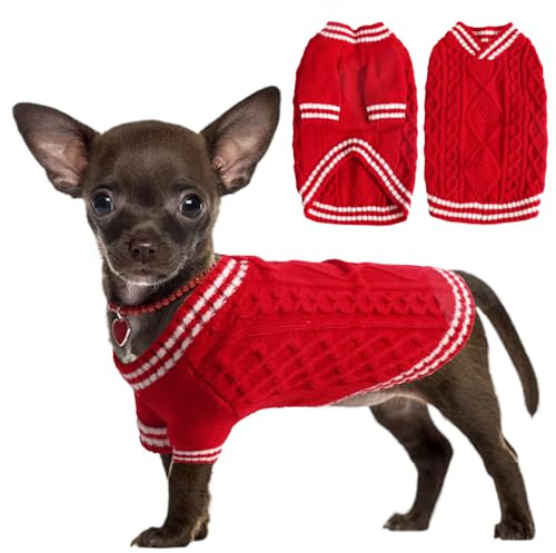 LiebeDD Hundepullover - Warm Chihuahua Pullover Hund mit Beinen, Elegant College Hundepulli V-Ausschnitt Hunde Pullis Strick Hundepullover für Kleine Mittelgroße Grosse Hunde Dog Sweater (Rot XS)