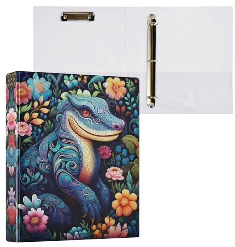 Linnyio Blumenmuster Kunst Nilpferd 3 Drei-Ring-Ordner, Klemmbrett-Ordner mit Taschen, Für Schule, Büro, Lehrer