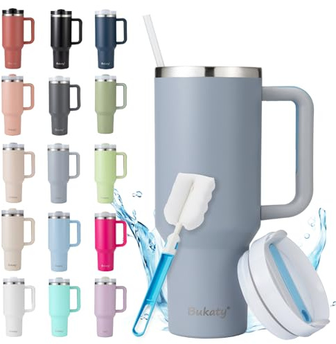 Bukaty Thermobecher mit Strohhalm 40oz/1.2L, Trinkbecher mit Deckel und Strohhalm, Edelstahl Vakuum Isolierbecher mit Henkel, Großer Kaffeebecher to go Autobecher für Heiße & Kalte Getränke, Hellgrau