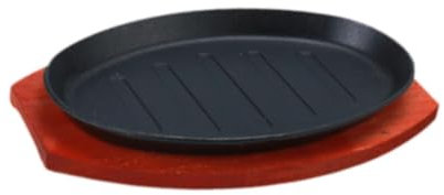 Colcolo Assiette à steak en fonte de forme ovale Assiette à steak japonaise avec base en bois Poêle à fajitas pour cuisine et maison, 28cmx17cm