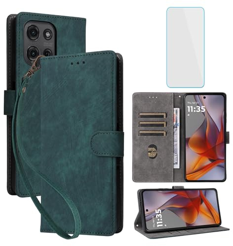 IUQXU RFID Wallet Phone Case for Motorola Moto G75 5G Green | with Screen Protector,Leather Flip Cover,Card Slot,Kickstand,Women Men Mobile Phone Case for Motorola G 75 MotoG75 5 G