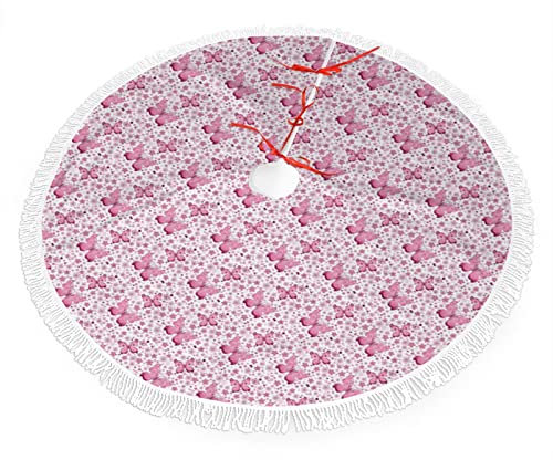 Tema de mariposa, falda de árbol de Navidad, cordones de Navidad con decoraciones de borlas, mariposa floral y corazones, suministros de fiesta de Navidad, adorno de árbol, rosa y blanco, 36 pulgadas