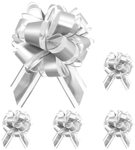 5 Stück Schleifen zum Verpacken von Geschenken, 6 Zoll Zugschleifen, Zugschleifen zum Verpacken von Geschenken, große Geschenkschleife, silberne Schleifen für Hochzeit, Weihnachten, Geburtstagsparty