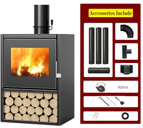 Stufa a Legna in Ghisa,15KW Stufa Legna Ventilata Con Finestra Di Visualizzazione In Vetro E Bollitore Per Il Tè Da 900ML Riscaldatore Per Riscaldam(Size:60 x 49 x 85 cm)