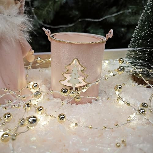 Porta Candela Natalizia Rosa con bicchiere in vetro, Portalumini in Vetro per Candele Tealights Votive | Disponibile 2 figure: Albero di Natale o Stella (Figura Albero)