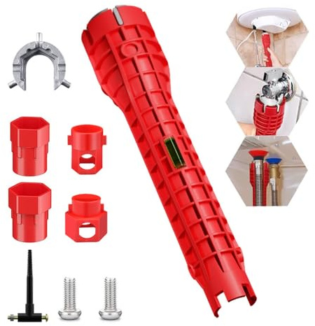 Coztie 14 in 1 Double Head Sink and Faucet Installer Tool, Multifunctional Basin Wrench for Kitchen Bathroom Plumbing Repair - Red