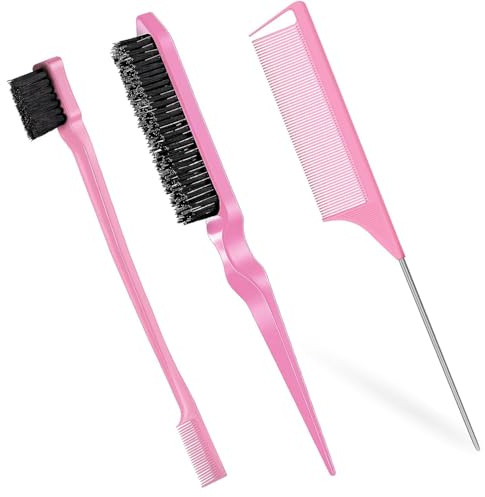 Hair Brush Set 3 Piece, Boar Bristle Brush for Smoothing Frizz-Free, Edge Control Brush for Flyaways, Rat Tail Comb for Sectioning Teasing – Salon Styling Kit