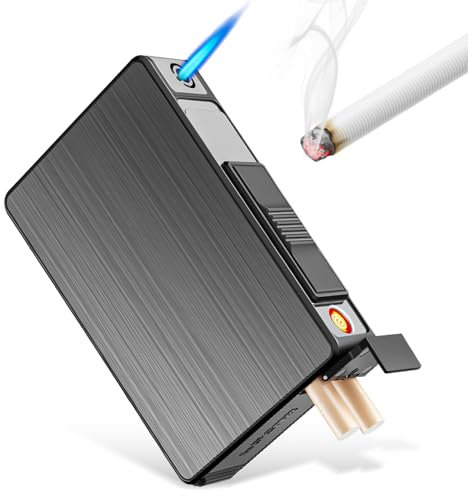 WIYETY Étui à cigarettes avec briquet sans flamme : étui à cigarettes amovible en métal, briquet coupe-vent pour 20 cigarettes, chargement USB, étui à cigarettes pour hommes papa (vendu sans gaz)