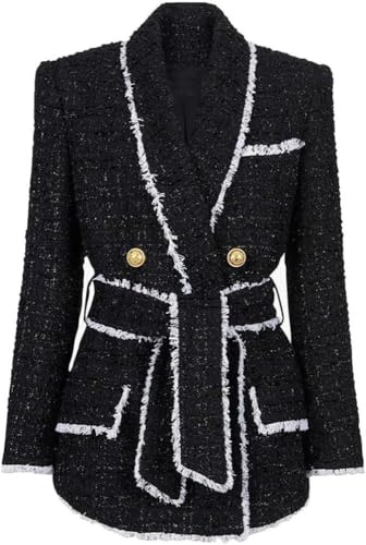 Eleganter Tweed Blazer für Damen Fashion Business Formal Zweireihige Tweed Jacke mit Gürtel Büro Lässige Frühling Leichte Jacke (Schwarz,S)