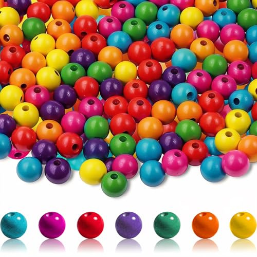 Jyvex 800 Stück Holzperlen Bunt Rund 10mm 7 Farben Zum Auffädeln | natürlich für schmuck dekorationen halskette deko basteln diy kinder mit perlennadeln