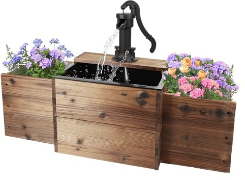 OIPRTGFJ Outdoor Water Fountain,Floor Wooden Rectangular Pump Old-Fashioned Fountain with Flower Box,Electric Decorative Hand Pump, Outdoor Water Feature for Garden Patio Backyard