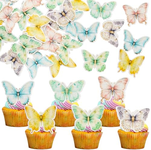 Ephlyn 48Pcs Edible Butterfly Cake Decorations Wafer Paper Butterflies Cupcake Toppers Butterfly Decorations for Wedding Birthday Anniversary Baby Shower Party Decorating Supplies Light Color