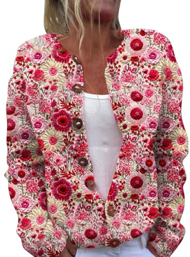 Chanpning Cardigan de Saint-Valentin pour Femme - Pull avec Motif cœur - Manche Longue - Tricot Chaud - Grosse Maille - Boutonnière - Court - Rouge à Fleurs