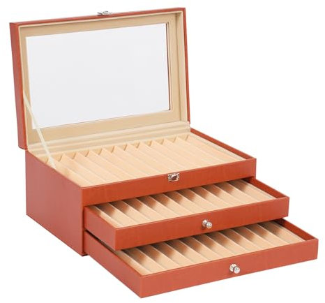 SABUIDDS 3 Stufiger Display Box Aufbewahrungsbox 36 Pcs Schreibgeräte Sammlerbox Klarglas mit Schubladen Leder & Flanell Penbox Veranstalter für Stifte, Pens, Kugelschreiber, Orange