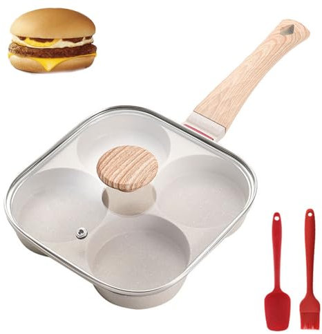 Padellino per Uovo con Rivestimento Antiaderente,Padella Pancake con Coperchio,Pentola Divisa a 4 Fori,Pentola per la Colazione con Coperchio,con Spatola e Spazzola in Silicone Tokaneit