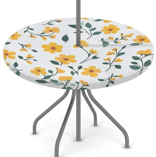 Woltant Nappe ronde avec trou de parasol et fermeture éclair facile à nettoyer avec bords élastiques - Protection de table d'extérieur pour jardin, terrasse, barbecue (jaune petite fleur)