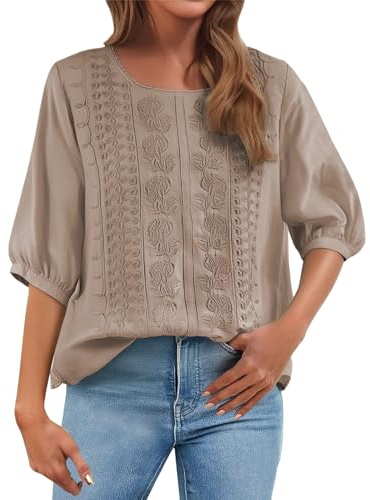 Cocila Big Promotion Lightning Deals Womens Casual 3/4 Sleeve T-Shirts Ladies Tops 2025 Summer Embroidery Crew Neck Breathable Pleated Tops Fashion Dressy Tunic Trendy Blous Black of Friday Bargins