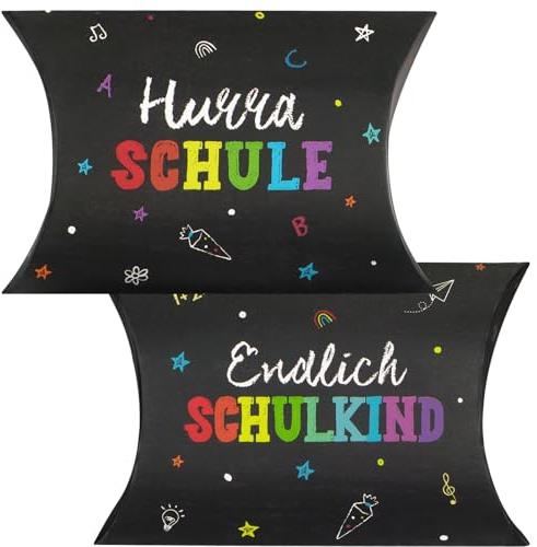 BETESSIN Gastgeschenke Einschulung Junge Mädchen - Endlich Schulkind - 50 Stück Kissenschachteln mit Tafel Design - Geschenkboxen Einschulung - Geschenkverpackung für Schulanfang, Schuleinführung