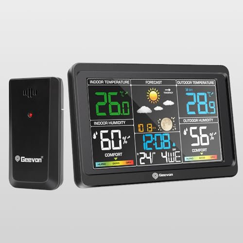 Geevon Weather Station with USB, LCD Indoor Monitor, Digital Humidity Sensor, Elegant Design, Easy to Read Backlight, Reliable Outdoor Sensor Data, Quick Setup, Battery Operated (258665 with battery)