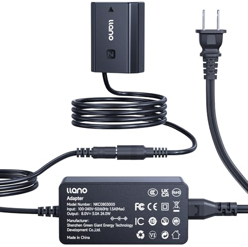 llano NP-FZ100 Dummy Battery AC Power Adapter Kit – for Sony A7III A7IV A6700 FX3 FX30 A9 A7C A7CII A7RV A7RIII A6600 ZV-E1 ZV-E10II A1– Continuous Power Supply for Studio Shoots & Commercial Filming